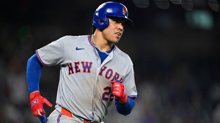 New York Mets' Juan Soto runs to first base during a baseball game against the Washington Nationals, Tuesday, May 19, 2026, in Washington. (John McDonnell/AP)
