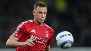 Nottingham Forest's Chris Wood in action during the English Premier League soccer match between Tottenham and Nottingham Forest at Tottenham Hotspur Stadium in London, Monday, April 21, 2025. (Dave Shopland/AP)