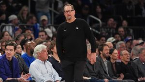 Philadelphia 76ers' Nick Nurse during the second half of Game 1 in a second-round NBA basketball playoffs series against the New York Knicks Monday, May 4, 2026, in New York. (Seth Wenig/AP)
