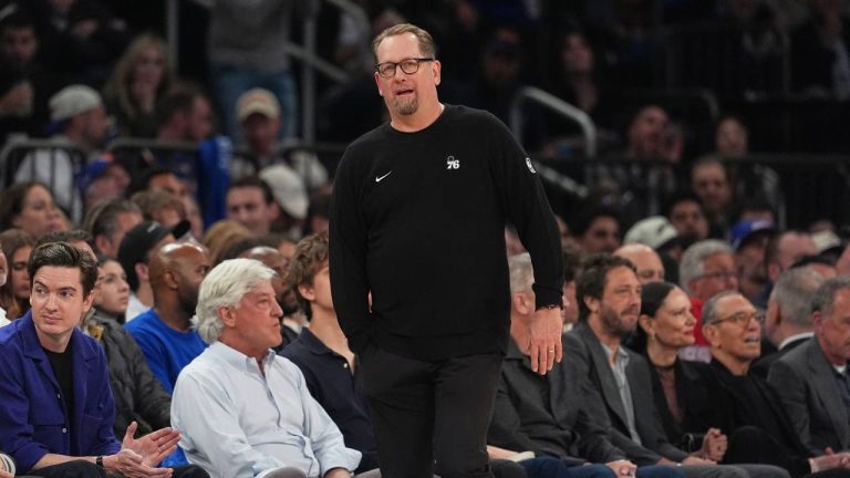 Philadelphia 76ers' Nick Nurse during the second half of Game 1 in a second-round NBA basketball playoffs series against the New York Knicks Monday, May 4, 2026, in New York. (Seth Wenig/AP)
