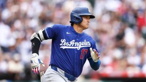 Los Angeles Dodgers' Shohei Ohtani runs after hitting an RBI single during the fourth inning of a baseball game against the Los Angeles Angels, Sunday, May 17, 2026, in Anaheim, Calif. (Jessie Alcheh/AP)
