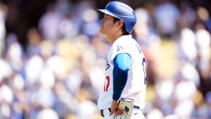 Los Angeles Dodgers' Shohei Ohtani watches a replay of a game-ending double play by Miami Marlins in the ninth inning of a baseball game Wednesday, April 29, 2026, in Los Angeles. (Scott Strazzante/AP)