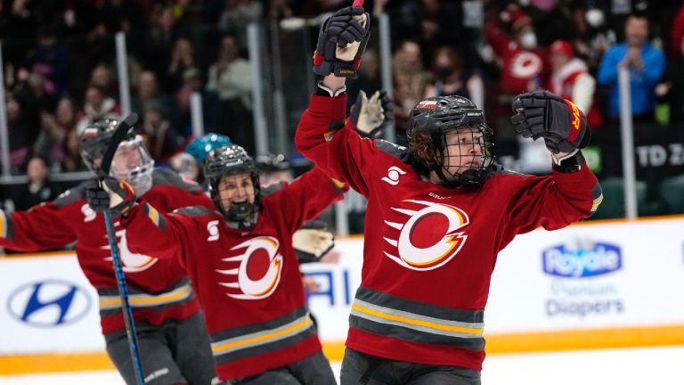 Ottawa Charge's Fanuza Kadirova (right) celebrates her goal against the Seattle Torrent during first period PWHL hockey action in Ottawa, on Wednesday, April 8, 2026. (Justin Tang/CP)