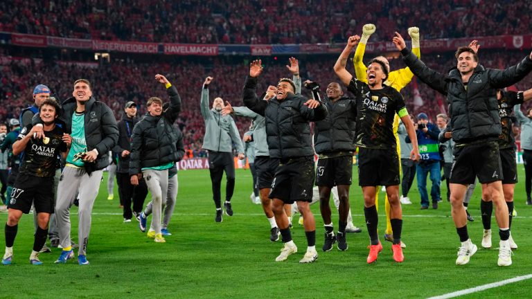 PSG players celebrate after the Champions League semifinal second leg soccer match between Bayern Munich and Paris Saint Germain in Munich, Germany, Wednesday, May 6, 2026. (Martin Meissner/AP)