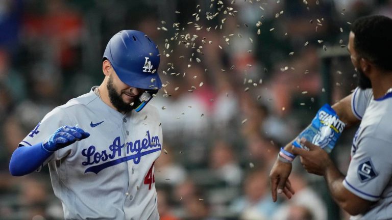 Los Angeles Dodgers' Andy Pages (44) celebrates with Teoscar HernÃ¡ndez after hitting a home run during the fifth inning of a baseball game against the Houston Astros in Houston, Wednesday, May 6, 2026. (Ashley Landis/AP)
