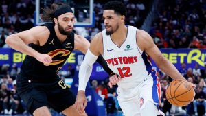 Detroit Pistons forward Tobias Harris drives against Cleveland Cavaliers guard Max Strus during the second half in Game 1 of a second-round NBA playoffs series Tuesday, May 5, 2026, in Detroit. (AP/Duane Burleson)