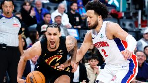 Cleveland Cavaliers guard Jaylon Tyson, left, drives against Detroit Pistons guard Cade Cunningham (2) during the first half in Game 2 of a second-round NBA playoffs basketball series, Thursday, May 7, 2026, in Detroit. (Duane Burleson/AP)