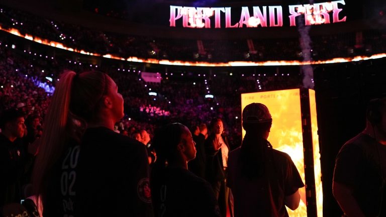 Portland Fire players are introduced before a WNBA basketball game against the Chicago Sky, Saturday, May 9, 2026, in Portland, Ore. (AP Photo/Jenny Kane, File)