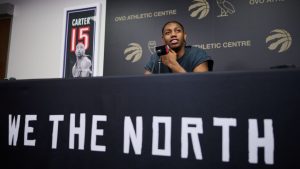 Toronto Raptors' RJ Barrett speaks to media during an end-of-season availability in Toronto, on Monday, May 4, 2026. (Sammy Kogan/CP)
