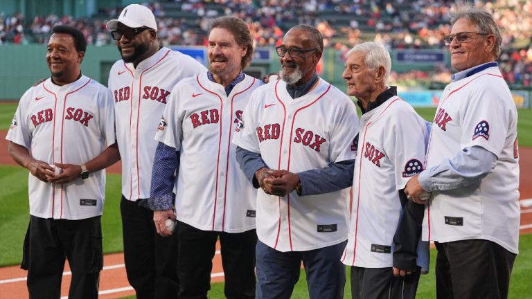 Boston Red Sox greats, from left, Pedro Martinez, David Ortiz, Wade Boggs, Jim Rice, Carl Yastrzemski and Carlton Fisk, gather during a ceremony prior to a baseball game against the Tampa Bay Rays, Friday, May 8, 2026, in Boston. (Charles Krupa/AP)