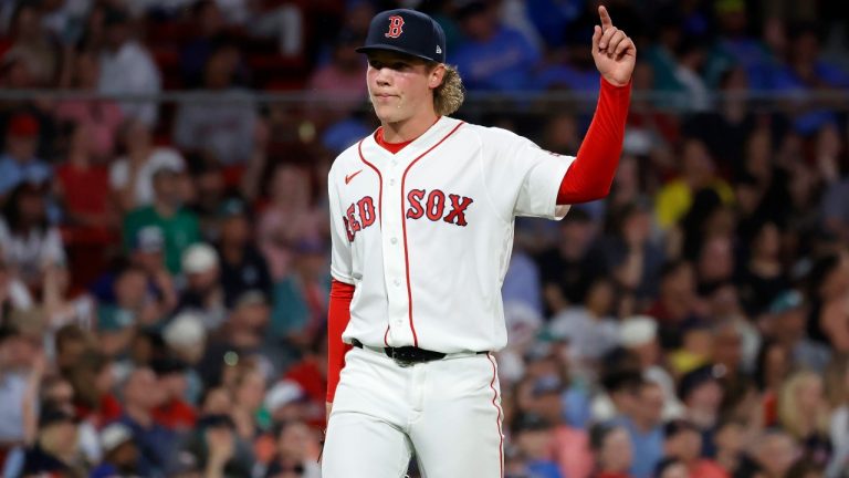 Boston Red Sox starting pitcher Connelly Early reacts as he get the last out of seventh inning of a baseball game against the Atlanta Braves at Fenway Park, Wednesday, May 27, 2026, in Boston. (AP Photo/Mary Schwalm)