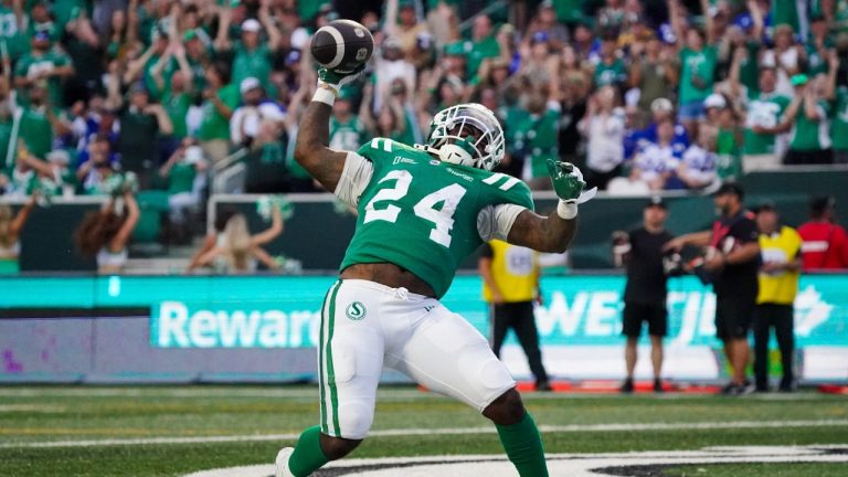 Saskatchewan Roughriders running back Mario Anderson Jr. (24) celebrates after scoring a touchdown against the Winnipeg Blue Bombers during the second half of CFL football action in Regina, Sunday, Aug. 31, 2025. (Heywood Yu/CP)