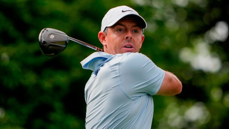 Rory McIlroy, of Northern Ireland, hits from the 16th tee during second round of the Truist Championship golf tournament at the Quail Hollow Club, Friday, May 8, 2026, in Charlotte, N.C. (Chris Carlson/AP)
