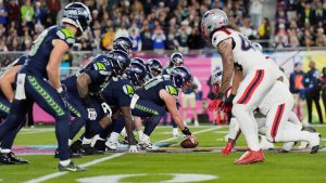 The Seattle Seahawks line up against the New England Patriots during the NFL Super Bowl 60 game, Sunday, Feb. 8, 2026, in Santa Clara, Calif. (AP/Steve Luciano)