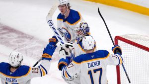 Buffalo Sabres goaltender Alex Lyon celebrates with teammates after their team eliminated the Boston Bruins from the playoffs in Game 6 of a first-round NHL hockey Stanley Cup playoff series, Friday, May 1, 2026, in Boston. (Charles Krupa/AP)