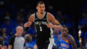San Antonio Spurs forward Victor Wembanyama (1) celebrates after scoring during the second half of Game 1 in a third-round NBA basketball playoffs series against the Oklahoma City Thunder Monday, May 18, 2026, in Oklahoma City. (Tony Gutierrez/AP)