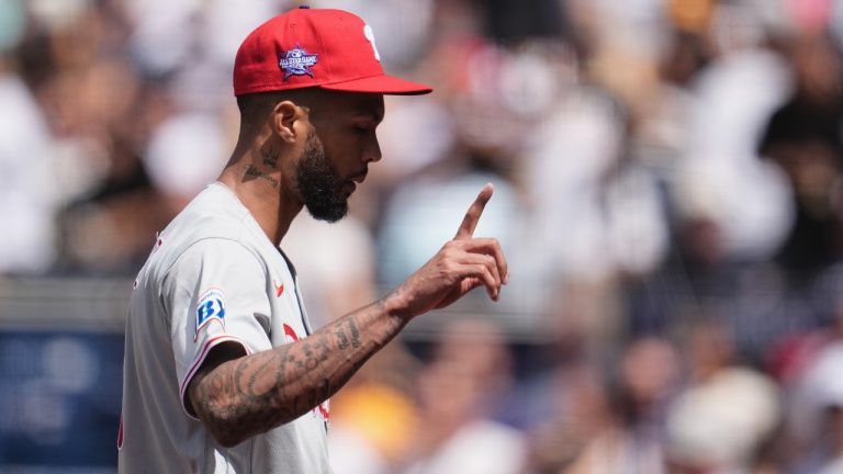 Philadelphia Phillies starting pitcher Cristopher Sánchez celebrates after the last out of the seventh inning of a baseball game against the San Diego Padres Wednesday, May 27, 2026, in San Diego. (AP Photo/Gregory Bull)