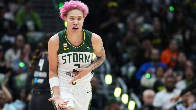 Seattle Storm guard Natisha Hiedeman reacts after a basket against the Connecticut Sun during the second half of a WNBA basketball game, Friday, May 22, 2026, in Seattle. (AP Photo/Lindsey Wasson)