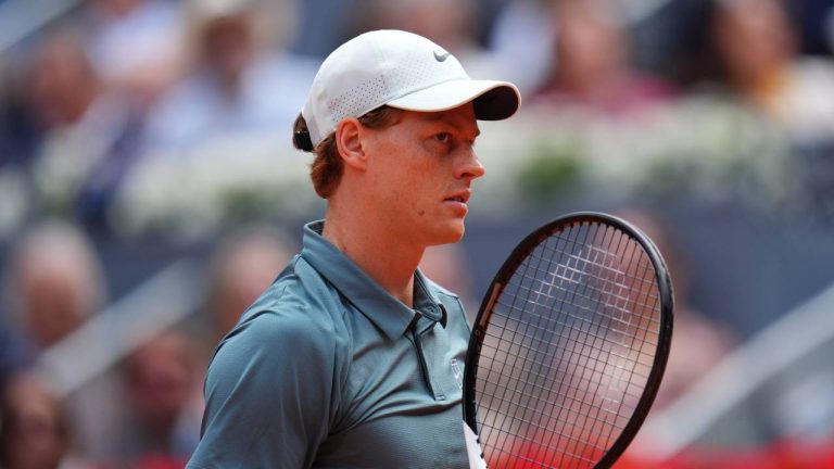 Jannik Sinner, of Italy, walks on the court during the men's singles tennis final match against Alexander Zverev, of Germany, at the Madrid Open tennis tournament in Madrid, Spain, Sunday, May 3, 2026. (Manu Fernandez/AP)