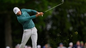 Jordan Spieth hits from the 13th fairway during the second round of the PGA Championship golf tournament at Aronimink Golf Club, Friday, May 15, 2026, in Newtown Square, PA. (Carolyn Kaster/AP)