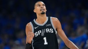 San Antonio Spurs forward Victor Wembanyama celebrates a 3-pointer against the Oklahoma City Thunder during the first half of Game 7 of the Western Conference finals of the NBA basketball playoffs series, Saturday, May 30, 2026, in Oklahoma City. (Tony Gutierrez/AP)