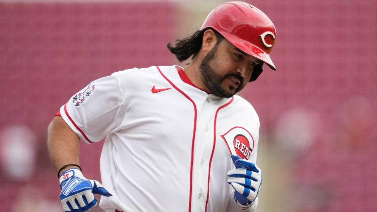 Cincinnati Reds' Eugenio Suárez rounds the bases after hitting a solo home run during the first inning of a baseball game against the San Francisco Giants in Cincinnati, Wednesday, April 15, 2026. (Carolyn Kaster/AP)