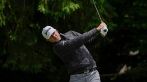 Taylor Pendrith, of Canada, hits from the fourth tee during the second round of the PGA Championship golf tournament at Aronimink Golf Club, Friday, May 15, 2026, in Newtown Square, PA. (Frank Franklin II/AP)