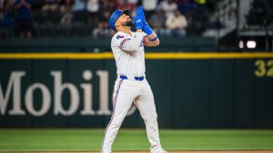 Texas Rangers' Ezequiel Duran reacts after hitting a double during the first inning of a baseball game against the Houston Astros, Tuesday, May 26, 2026, Arlington, Texas. (Jessica Tobias/AP)