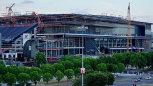 Construction continues on a new enclosed stadium for the Tennessee Titans NFL football team Monday, May 18, 2026, in Nashville, Tenn. (AP Photo/George Walker IV, File)