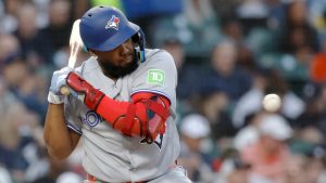 Toronto Blue Jays' Vladimir Guerrero Jr. avoids an inside pitch during the sixth inning of a baseball game against the Detroit Tigers, Friday, May 15, 2026, in Detroit. (Duane Burleson/AP)