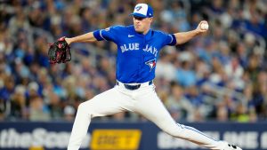 Toronto Blue Jays pitcher Joe Mantiply (35) works against the Boston Red Sox during sixth inning MLB baseball action in Toronto on Monday, April 27, 2026. (Frank Gunn/CP)