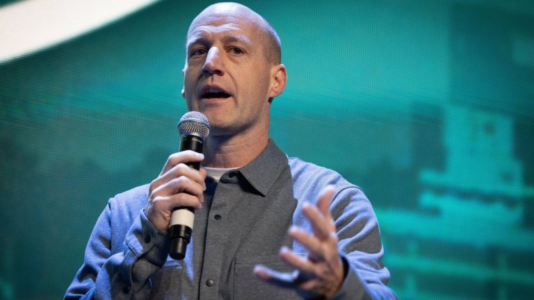 Seattle Torrent head coach Steve O'Rourke speaks during an event unveiling the PWHL hockey team's new logo and name, Thursday, Nov. 6, 2025, in Seattle. (Ken Lambert/The Seattle Times via AP, File)