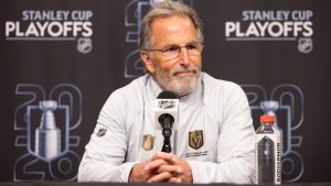 Vegas Golden Knights head coach John Tortorella speak at a press conference after Game 3 of the first round NHL hockey Stanley Cup playoff series against the Utah Mammoth, Friday, April 24, 2026, in Salt Lake City. (Melissa Majchrzak/AP)
