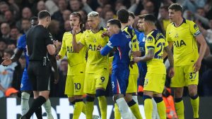 Players argue with a referee during a Premier League soccer match between Chelsea and Tottenham in London, Tuesday, May 19, 2026. (Kirsty Wigglesworth/AP)