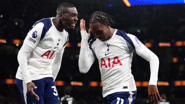 Tottenham Hotspur's Mathys Tel, right, celebrates scoring during the English Premier League soccer match between Tottenham Hotspur and Leeds United in London, Monday May 11, 2026. (John Walton/PA via AP)