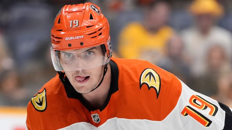 Anaheim Ducks right wing Troy Terry (19) plays during the third period of an NHL hockey game against the Nashville Predators, Thursday, April 16, 2026, in Nashville, Tenn. (George Walker IV/AP)