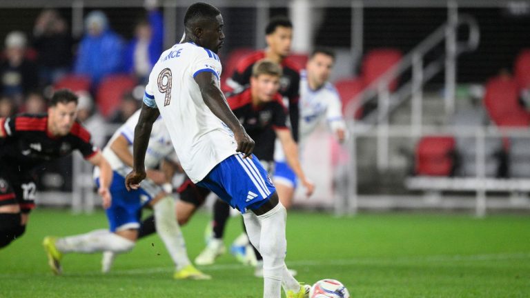 CF Montreal forward Prince Owusu (9) kicks a penalty shot for a goal during the second half of an MLS soccer match against D.C. United, Saturday, May 23, 2026, in Washington. (AP Photo/Nick Wass)