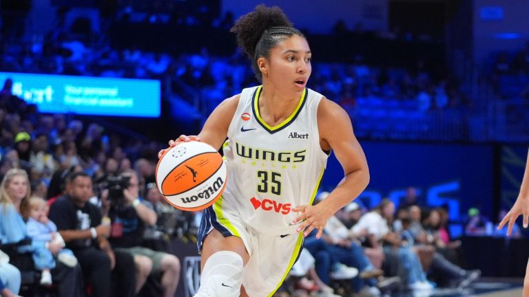 Dallas Wings guard Azzi Fudd (35) shoots against Minnesota Lynx forward Antonia Delaere (8) during the first half of a WNBA basketball game in Arlington, Texas, Thursday, May 14, 2026. (AP Photo/LM Otero)