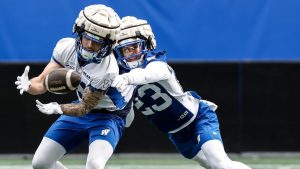 Winnipeg Blue Bombers' Trey Vaval defends against Joey Corcoran during their CFL training camp in Winnipeg on Monday, May 11, 2026. (John Woods/CP)