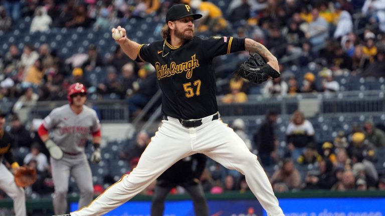 Pittsburgh Pirates pitcher Chris Devenski deliver a pitch against the Cincinnati Reds in the sixth inning of a baseball game in Pittsburgh, Saturday, May 2, 2026. (AP Photo/Tom E. Puskar)
