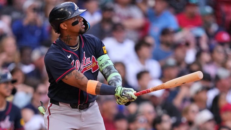 Atlanta Braves' Ronald AcuÃ±a Jr. watches the ball on his grand slam during the sixth inning of a baseball game against the Boston Red Sox, Thursday, May 28, 2026, in Boston. (AP Photo/Charles Krupa)