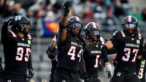 Ottawa Redblacks defensive lineman Luiji Vilain (44) celebrates a successful sack against the Montreal Alouettes during first half CFL pre-season action in Ottawa, on Friday, May 29, 2026. THE CANADIAN PRESS/Spencer Colby