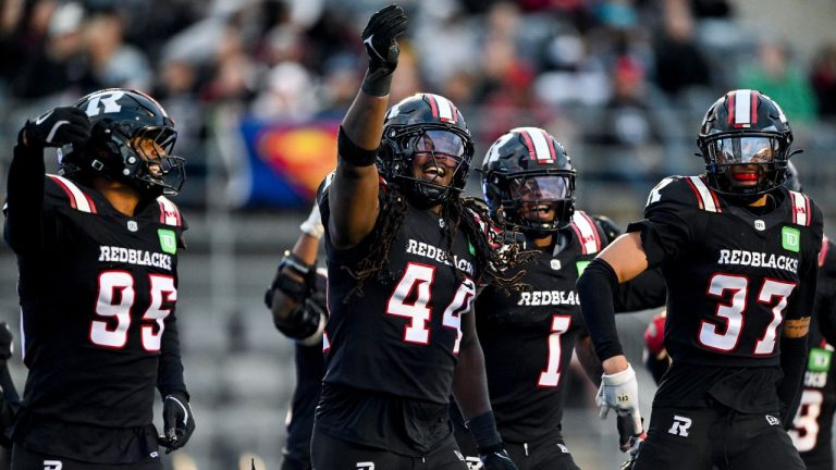 Ottawa Redblacks defensive lineman Luiji Vilain (44) celebrates a successful sack against the Montreal Alouettes during first half CFL pre-season action in Ottawa, on Friday, May 29, 2026. THE CANADIAN PRESS/Spencer Colby