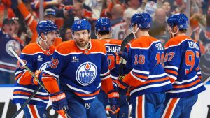 Edmonton Oilers' Leon Draisaitl (29) celebrates a goal against the Anaheim Ducks during first-round Game 5 Stanley Cup Playoffs action in Edmonton on Tuesday, April 28, 2026. (CP/Codie McLachlan)