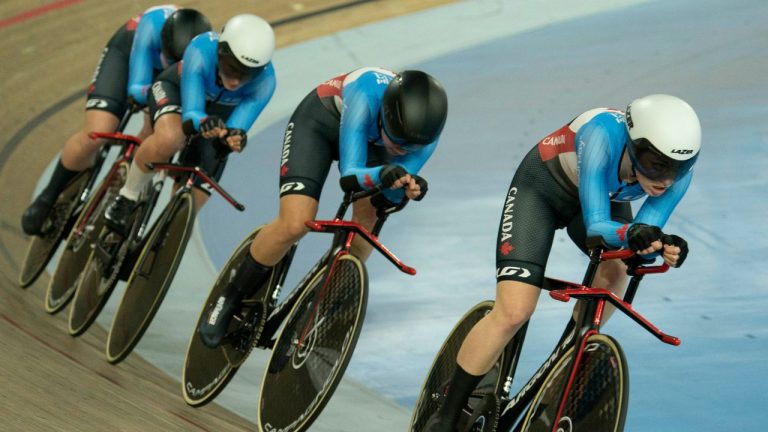 Canadians Fiona Majendie, Erin J Attwell, Ruby West and Lily Plante ride during qualifying in the Women's Team Pursuit at the UCI Track Nations Cup in Milton, Ont., Thursday, May 12, 2022. (Peter Power/CP)