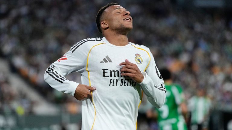 Real Madrid's Kylian Mbappe reacts during a La Liga soccer match between Real Betis and Real Madrid in Seville, Spain, Friday, April 24, 2026. (Jose Breton/AP)