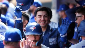 Toronto Blue Jays' Brandon Valenzuela celebrates after his three-run home run against the Minnesota Twins during the eighth inning, Saturday, May 2, 2026, in Minneapolis. (AP Photo/Matt Krohn)