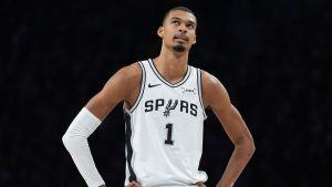 San Antonio Spurs forward Victor Wembanyama (1) stands on the court during the first half of Game 3 of a NBA basketball second-round playoff series against the Minnesota Timberwolves, Friday, May 8, 2026, in Minneapolis. (Abbie Parr/AP)