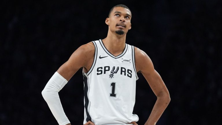 San Antonio Spurs forward Victor Wembanyama (1) stands on the court during the first half of Game 3 of a NBA basketball second-round playoff series against the Minnesota Timberwolves, Friday, May 8, 2026, in Minneapolis. (Abbie Parr/AP)