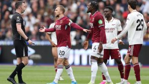 West Ham's Jarrod Bowen argues with a referee during the Premier League match between West Ham and Arsenal in London, Sunday, May 10, 2026. (Ian Walton/AP)